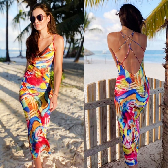 Cosel Anthos Vacation Coral Rainbow Psychedelic Exposed Back Midi Dress Sz 6 NWT - Picture 2 of 10